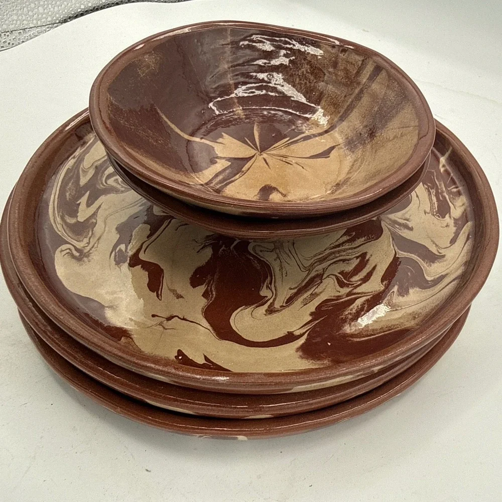 Clayborn Pottery Montana Marbled Agateware Set of 5 Plates & Bowls Signed 2005
